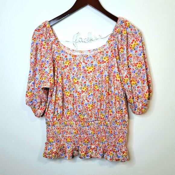 LOFT Floral Garden Smocked Waist Peasant Top Square Neck Size Medium - Picture 1 of 9
